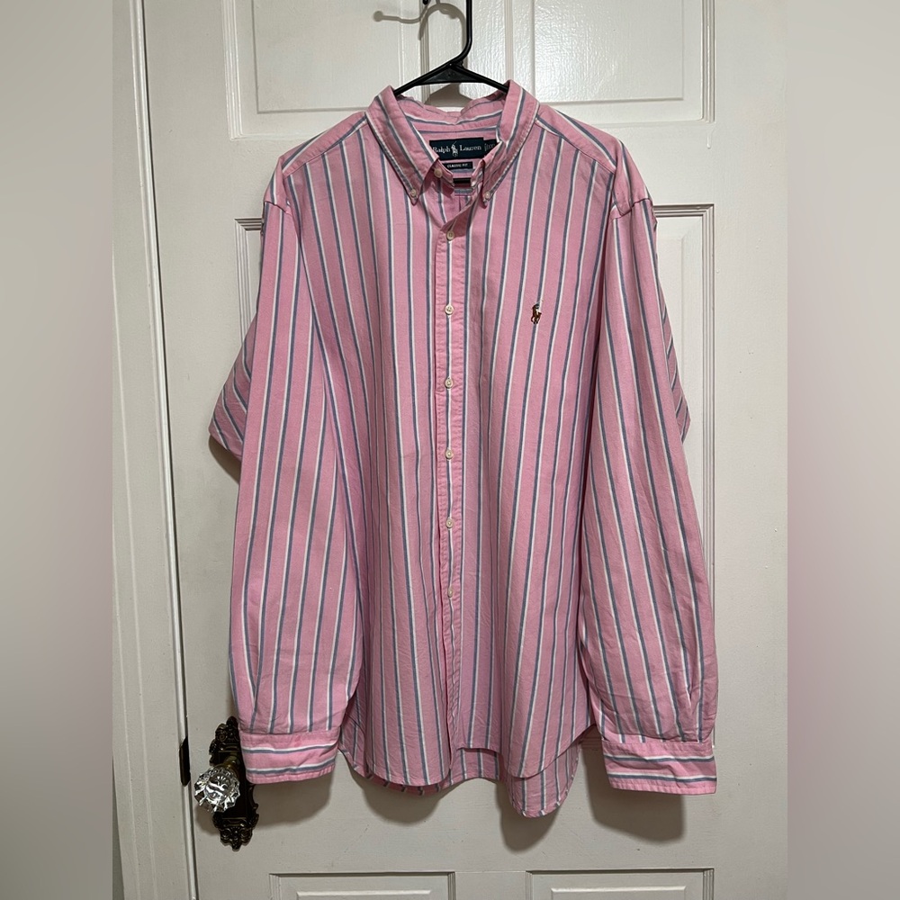 Mens Pink Stripe Ralph Lauren Long Sleeve Button Down Shirt Size XXL